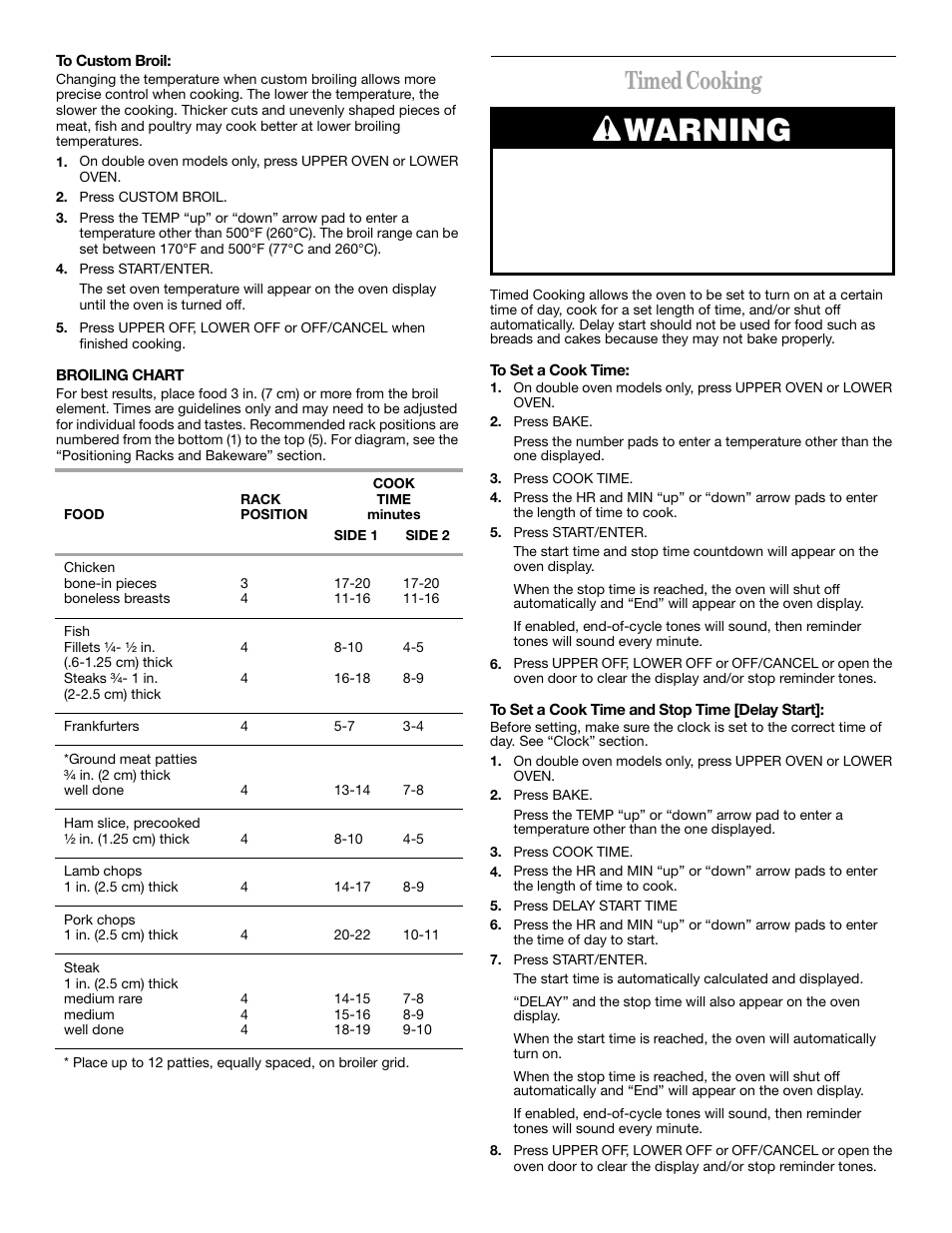 Warning, Timed cooking | Whirlpool YRBS305 User Manual | Page 10 / 16