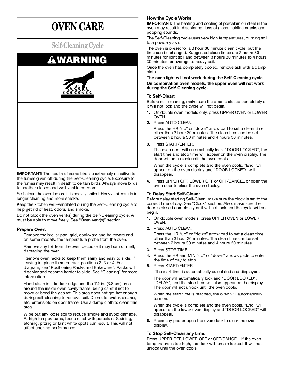 Oven care, Warning, Self-cleaning cycle | Whirlpool YRBS305 User Manual | Page 11 / 16