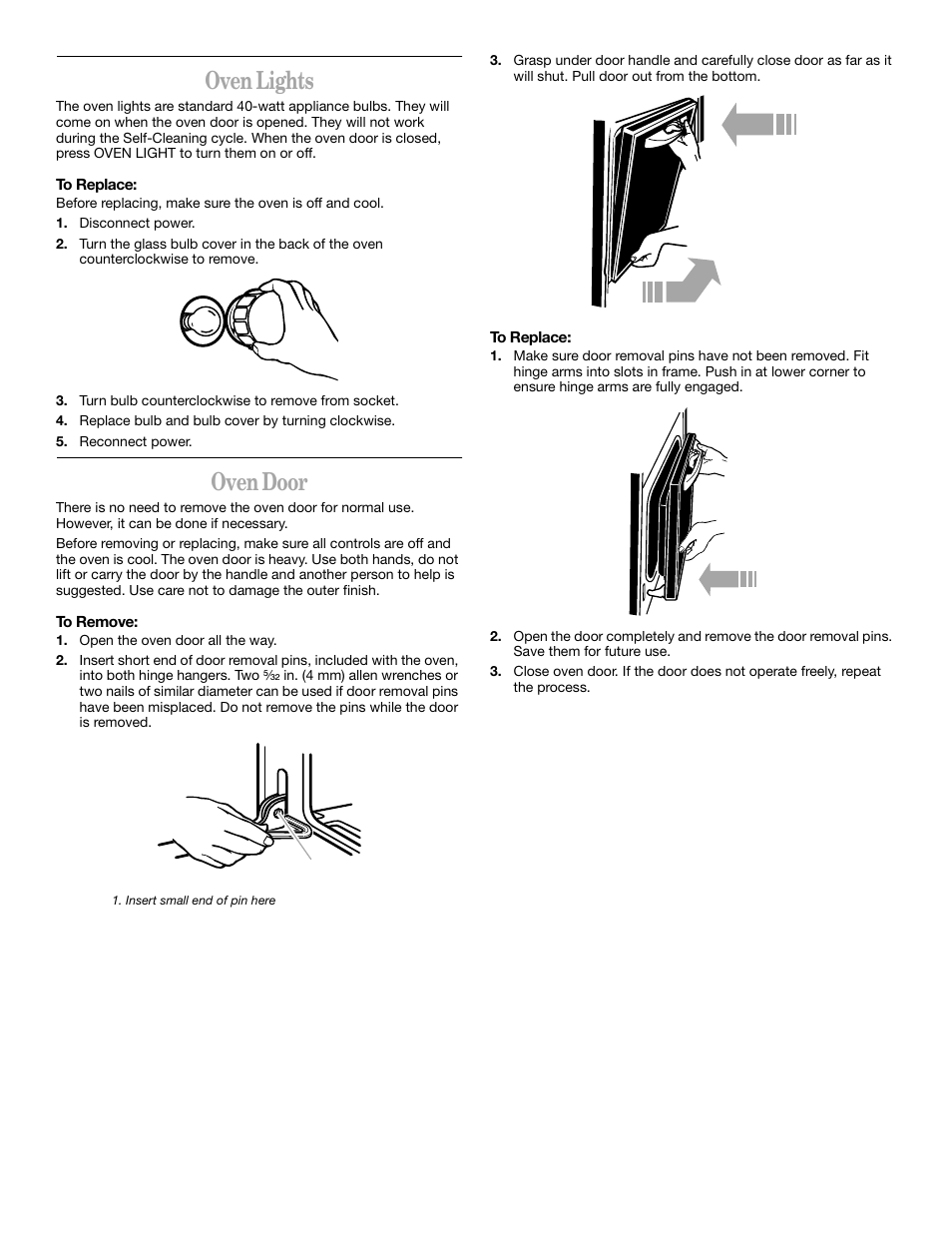 Oven lights, Oven door | Whirlpool YRBS305 User Manual | Page 13 / 16