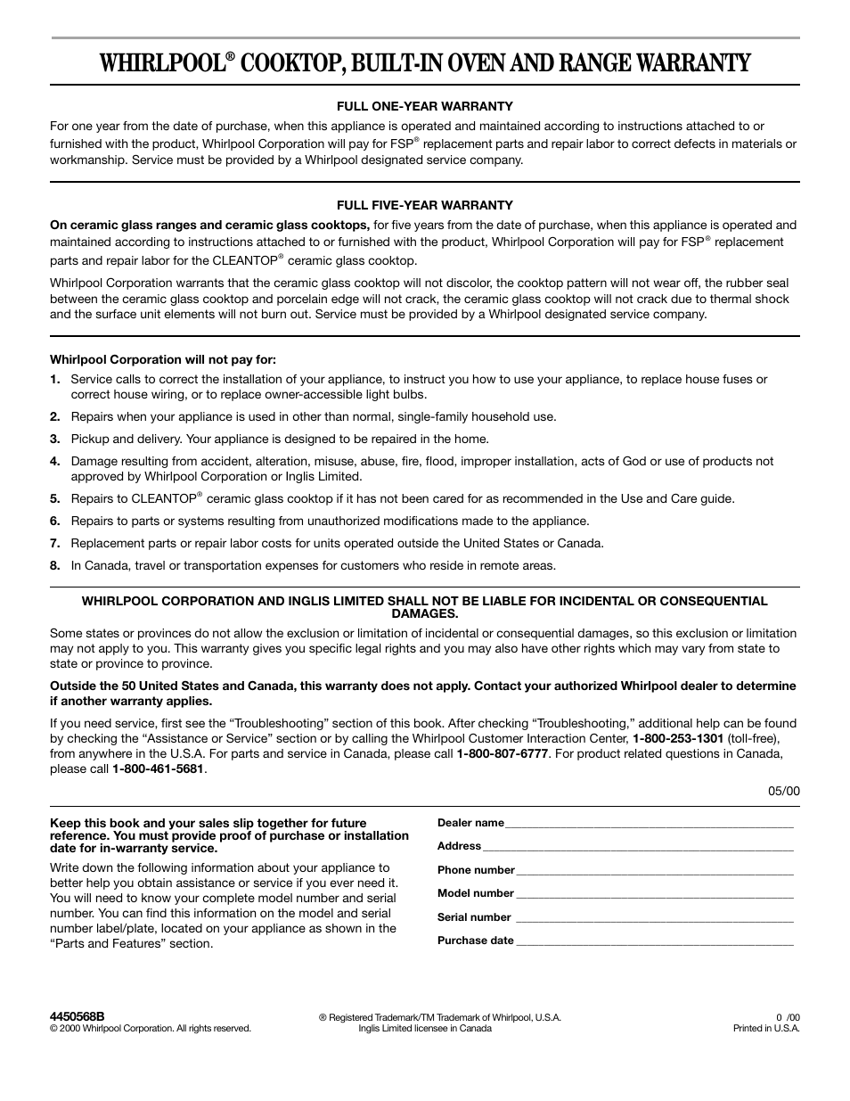 Warranty, Whirlpool, Cooktop, built-in oven and range warranty | Whirlpool YRBS305 User Manual | Page 16 / 16