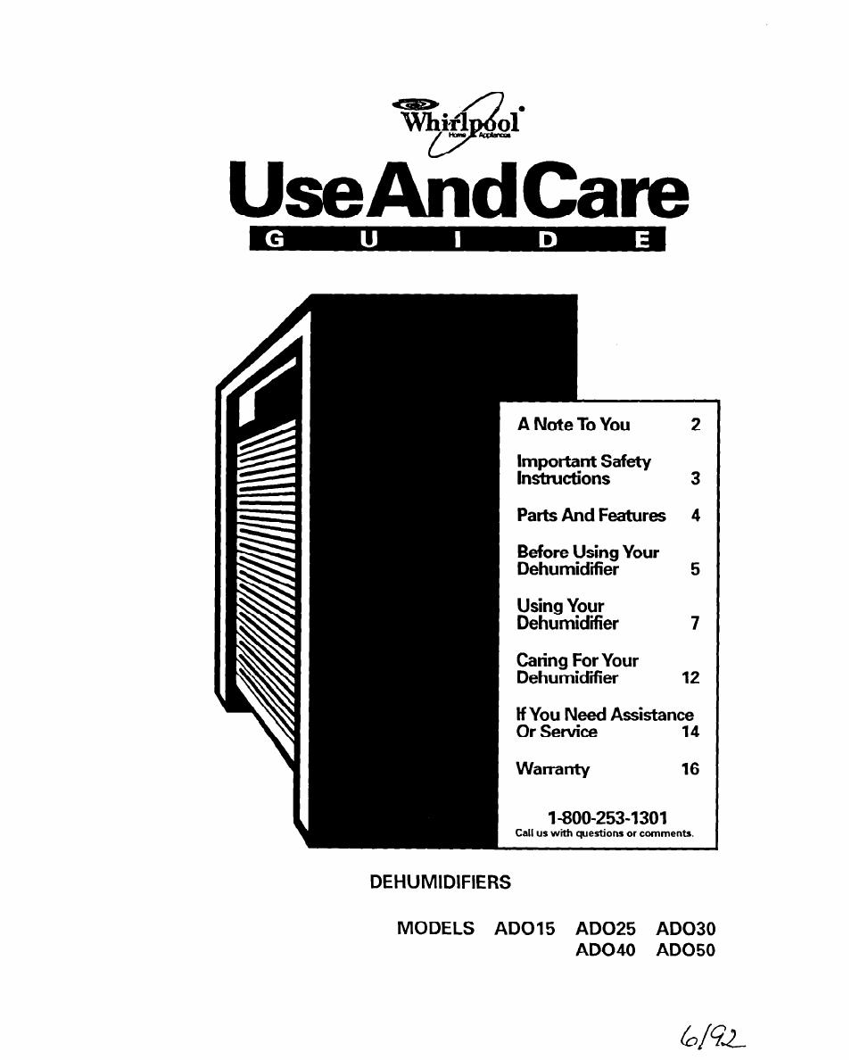 Whirlpool ADO15 User Manual | 16 pages