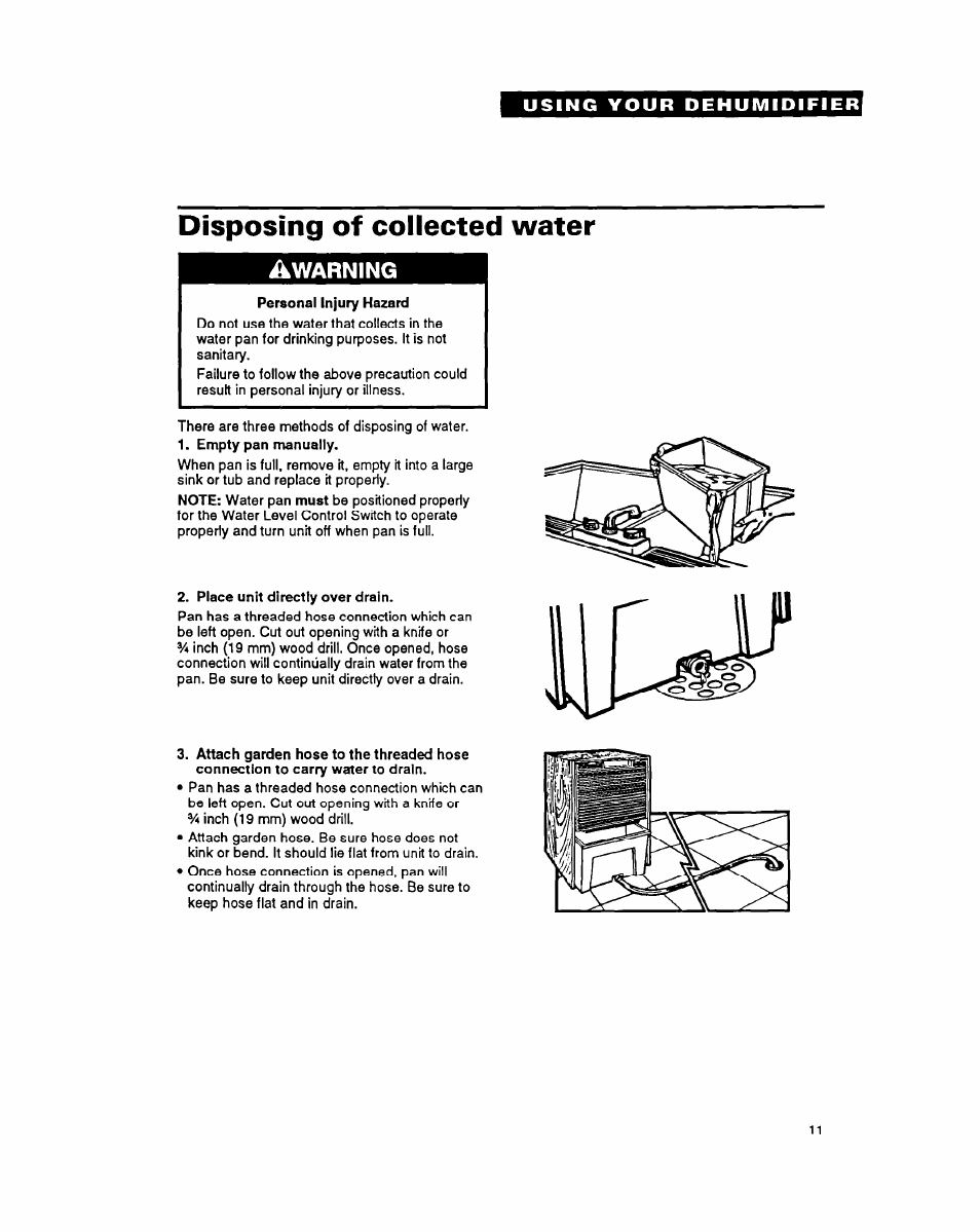 Disposing of collected water, Using your dehumidifier | Whirlpool ADO15 User Manual | Page 11 / 16