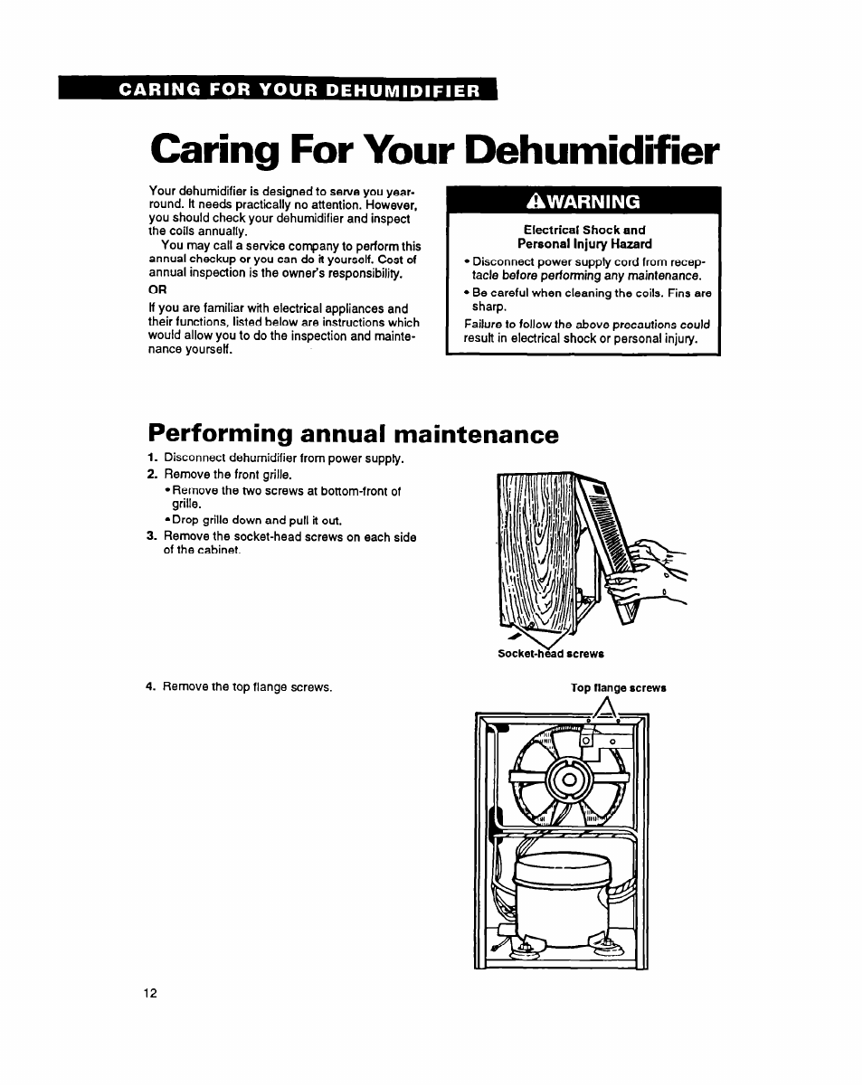 Performing annual maintenance, Caring for your [>ehunnidif ier, Warning | Whirlpool ADO15 User Manual | Page 12 / 16