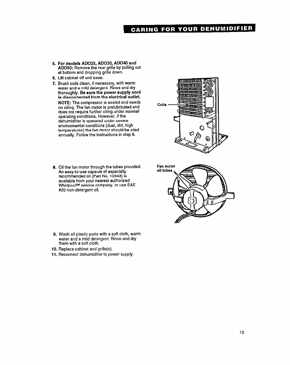 Caring for your pehumipifier | Whirlpool ADO15 User Manual | Page 13 / 16