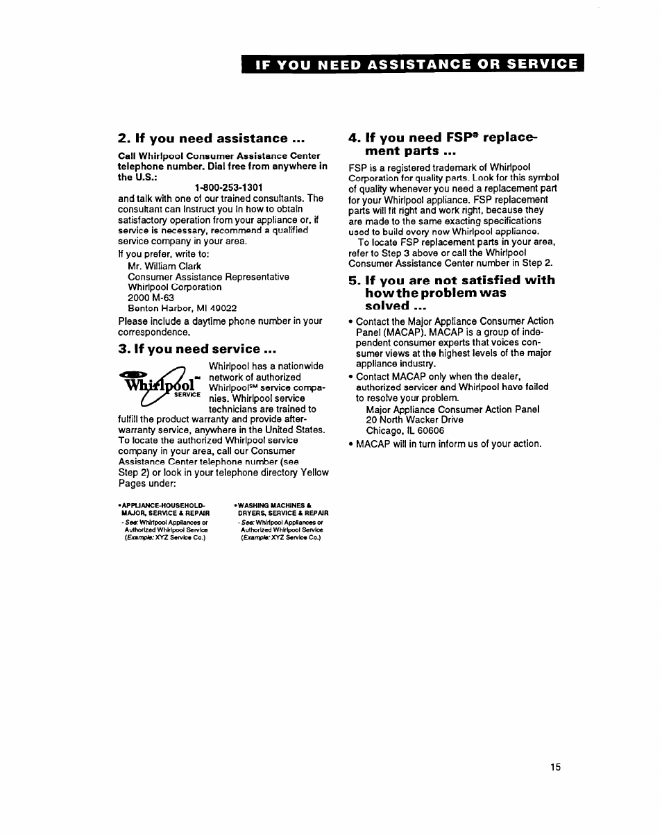 If you need assistance, If you need service, If you need fsp® replacement parts | If you need fsp® replace­ ment parts, If you need assistance or service | Whirlpool ADO15 User Manual | Page 15 / 16