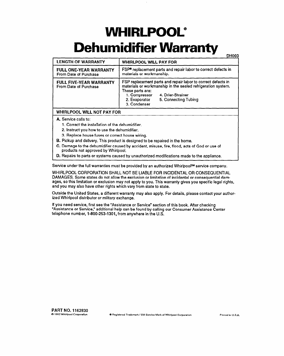 Whirlpool’ dehumidifier warranty | Whirlpool ADO15 User Manual | Page 16 / 16