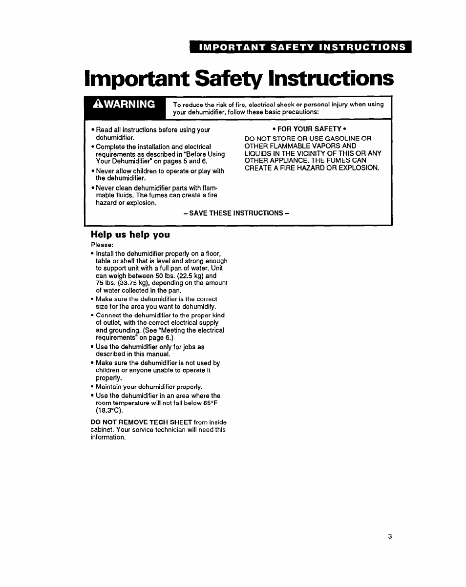 Important saféty instructions, Help us help you, Warning | Important safety instructions | Whirlpool ADO15 User Manual | Page 3 / 16