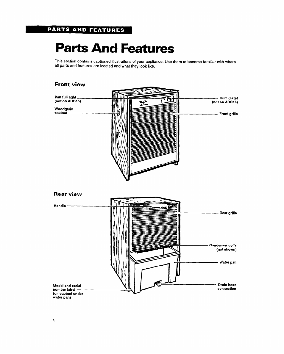 Parts and features, Front view | Whirlpool ADO15 User Manual | Page 4 / 16