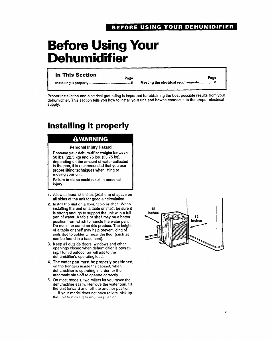 Before using your dehumidifier, In this section, Installing it properly | Whirlpool ADO15 User Manual | Page 5 / 16
