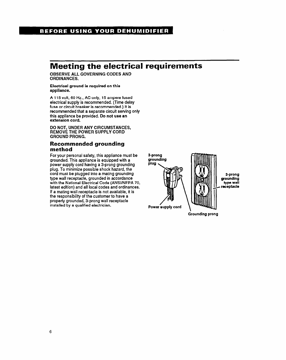 Meeting the electrical requirements, Recommended grounding method | Whirlpool ADO15 User Manual | Page 6 / 16
