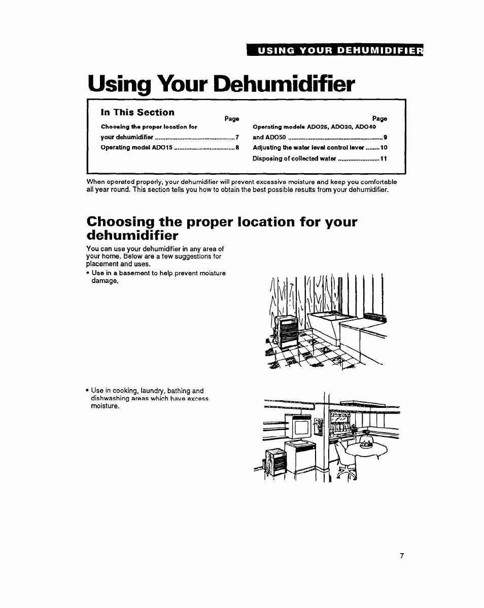Using your dehumidifier, Choosing the proper location for your dehumidifier | Whirlpool ADO15 User Manual | Page 7 / 16