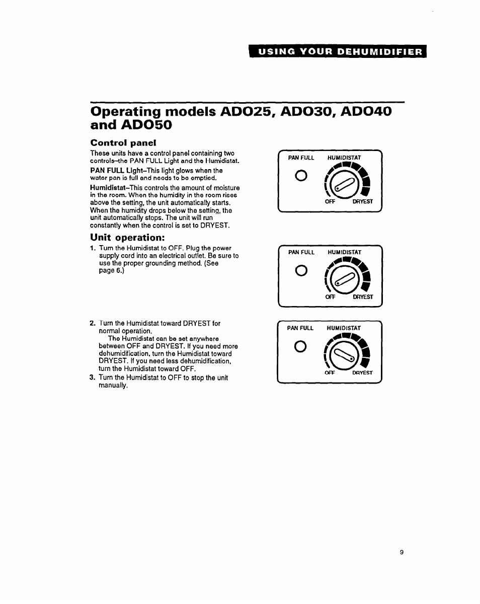 Operating models ad025, ado30, ado40 and ado50, Control panel, Unit operation | Whirlpool ADO15 User Manual | Page 9 / 16