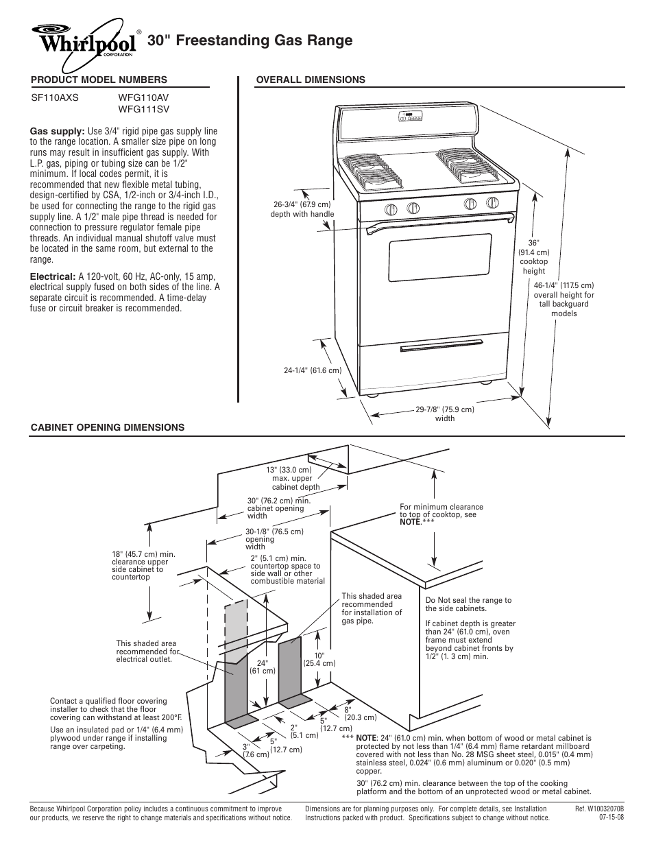 Whirlpool WFG110AV User Manual | 1 page