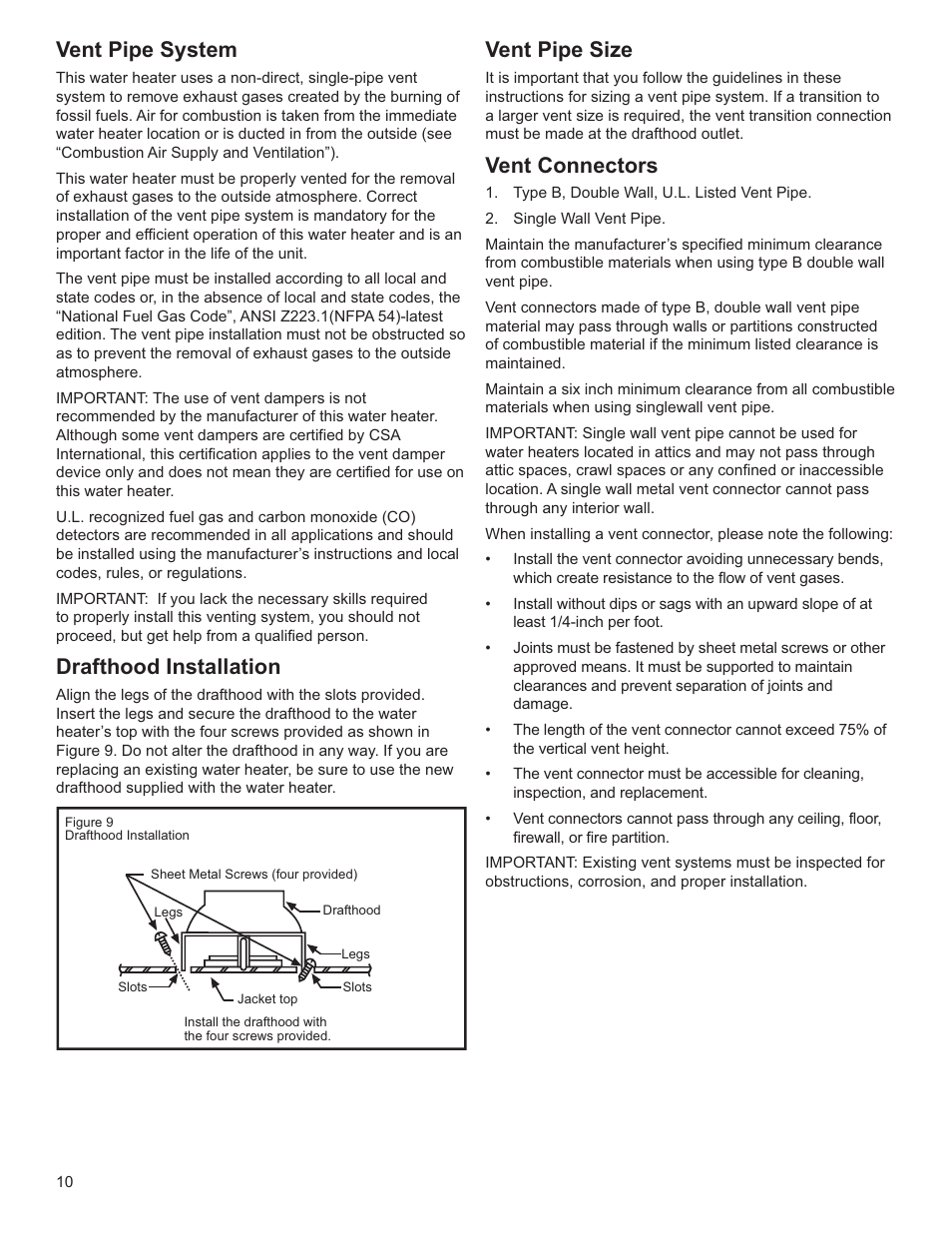 Vent pipe system, Drafthood installation, Vent pipe size | Vent connectors | Whirlpool Energy Smart W10100870 User Manual | Page 10 / 28