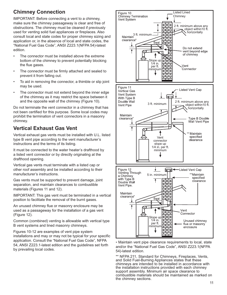 Chimney connection, Vertical exhaust gas vent | Whirlpool Energy Smart W10100870 User Manual | Page 11 / 28