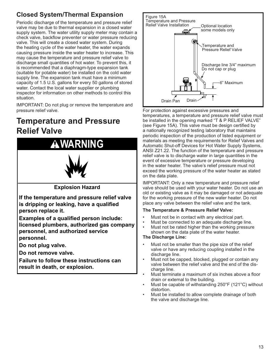 Warning, Temperature and pressure relief valve, Closed system/thermal expansion | Whirlpool Energy Smart W10100870 User Manual | Page 13 / 28