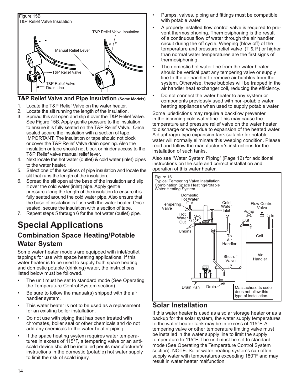 Special applications, Solar installation, Combination space heating/potable water system | T&p relief valve and pipe insulation | Whirlpool Energy Smart W10100870 User Manual | Page 14 / 28