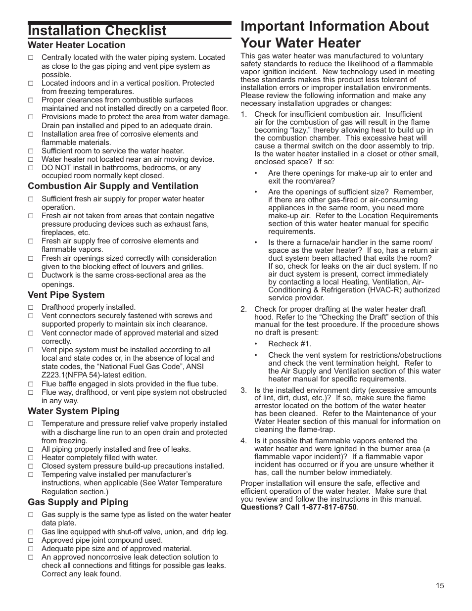 Installation checklist, Important information about your water heater | Whirlpool Energy Smart W10100870 User Manual | Page 15 / 28