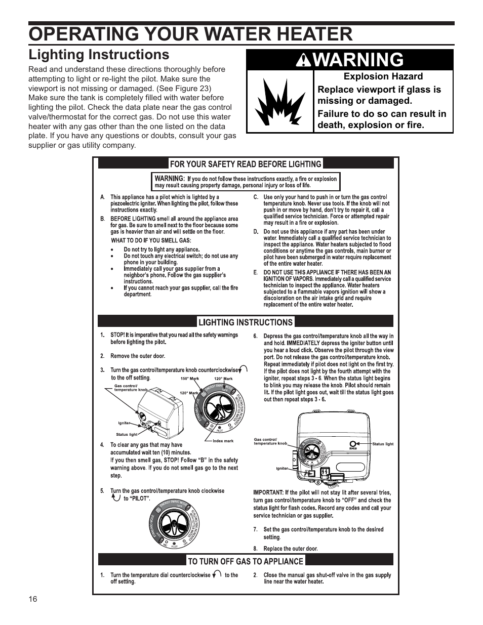 Operating your water heater, Warning, Lighting instructions | Whirlpool Energy Smart W10100870 User Manual | Page 16 / 28