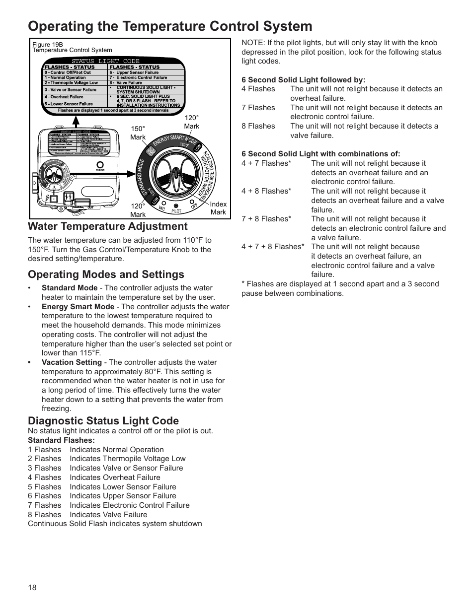 Operating the temperature control system, Water temperature adjustment, Operating modes and settings | Diagnostic status light code | Whirlpool Energy Smart W10100870 User Manual | Page 18 / 28