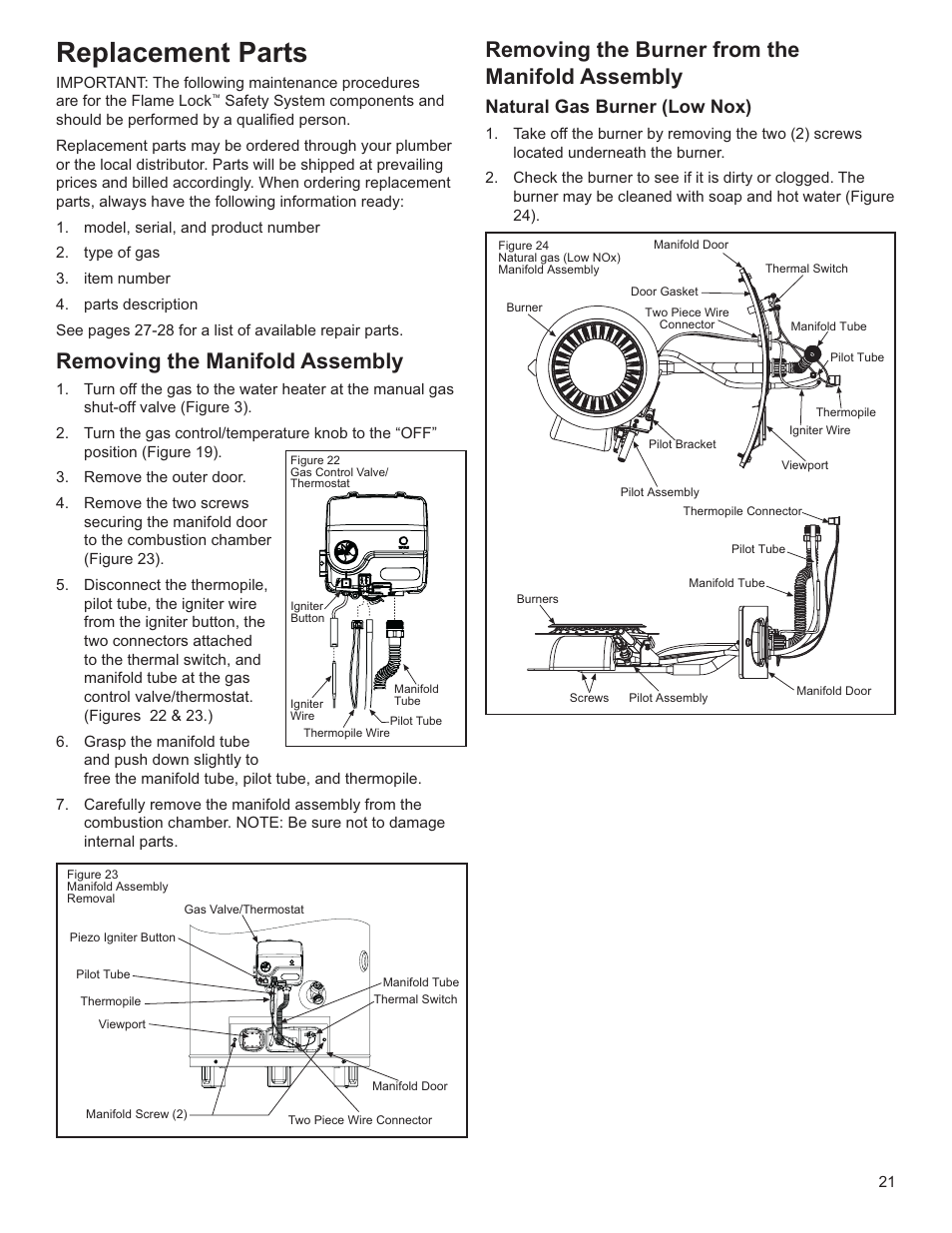 Replacement parts, Removing the manifold assembly, Removing the burner from the manifold assembly | Natural gas burner (low nox) | Whirlpool Energy Smart W10100870 User Manual | Page 21 / 28