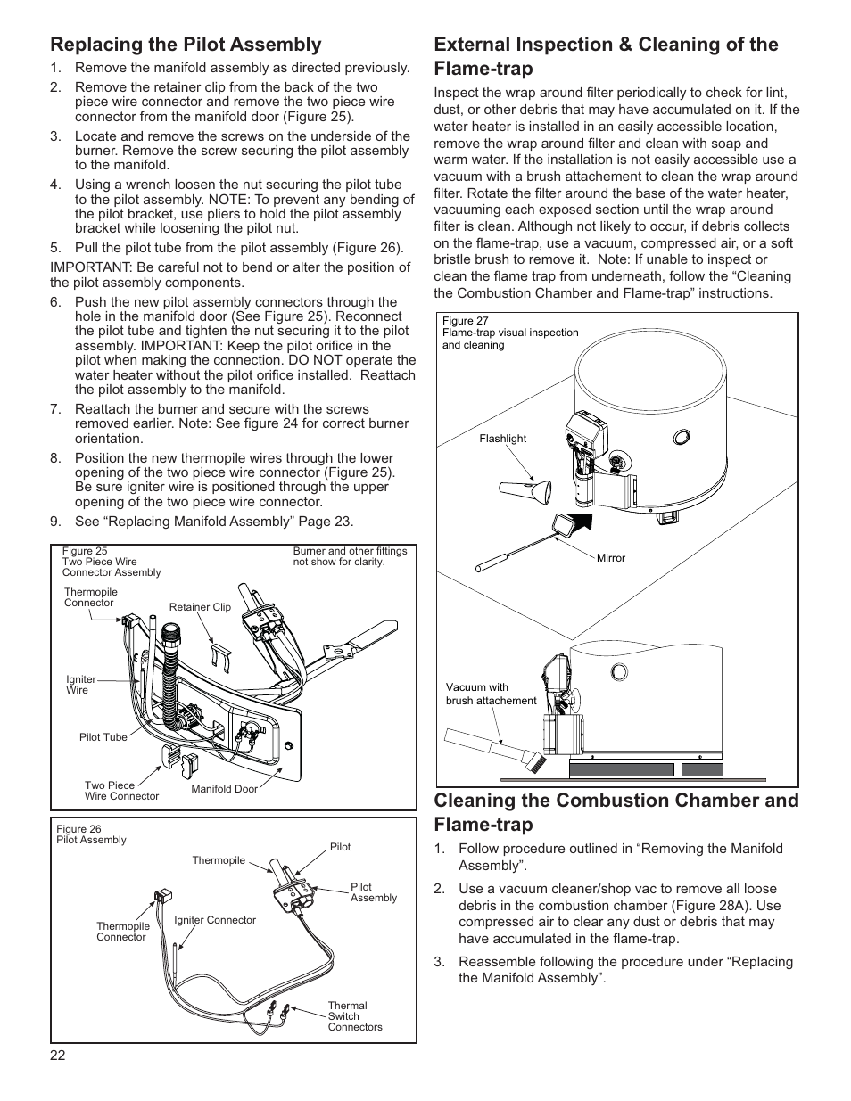 Replacing the pilot assembly, External inspection & cleaning of the flame-trap, Cleaning the combustion chamber and flame-trap | Whirlpool Energy Smart W10100870 User Manual | Page 22 / 28