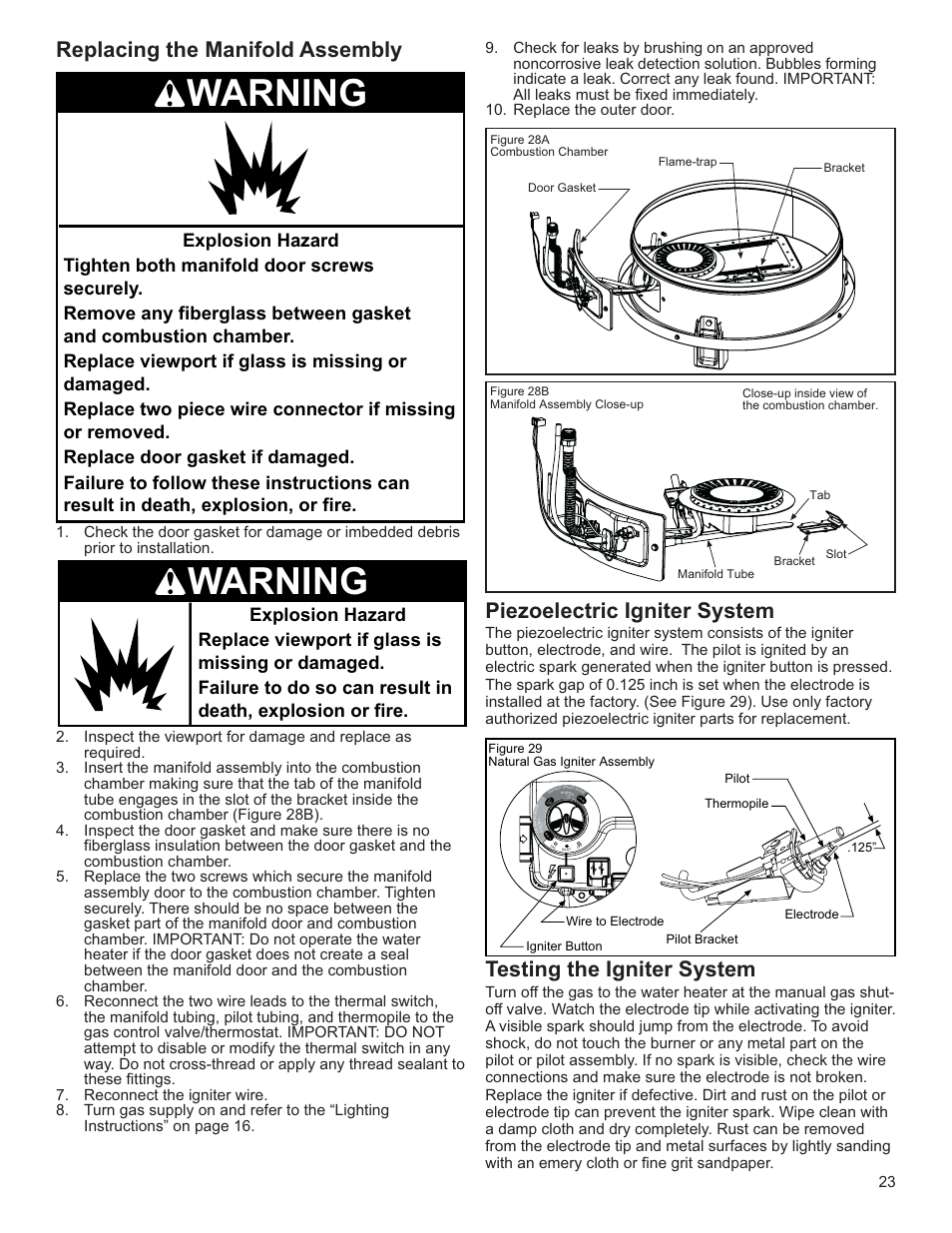 Warning, Piezoelectric igniter system, Testing the igniter system | Replacing the manifold assembly | Whirlpool Energy Smart W10100870 User Manual | Page 23 / 28