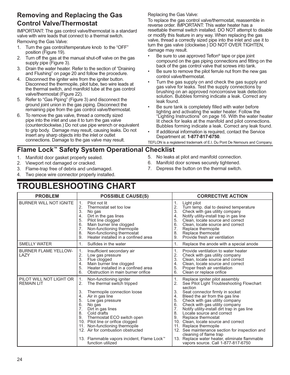 Troubleshooting chart, Flame lock, Safety system operational checklist | Whirlpool Energy Smart W10100870 User Manual | Page 24 / 28