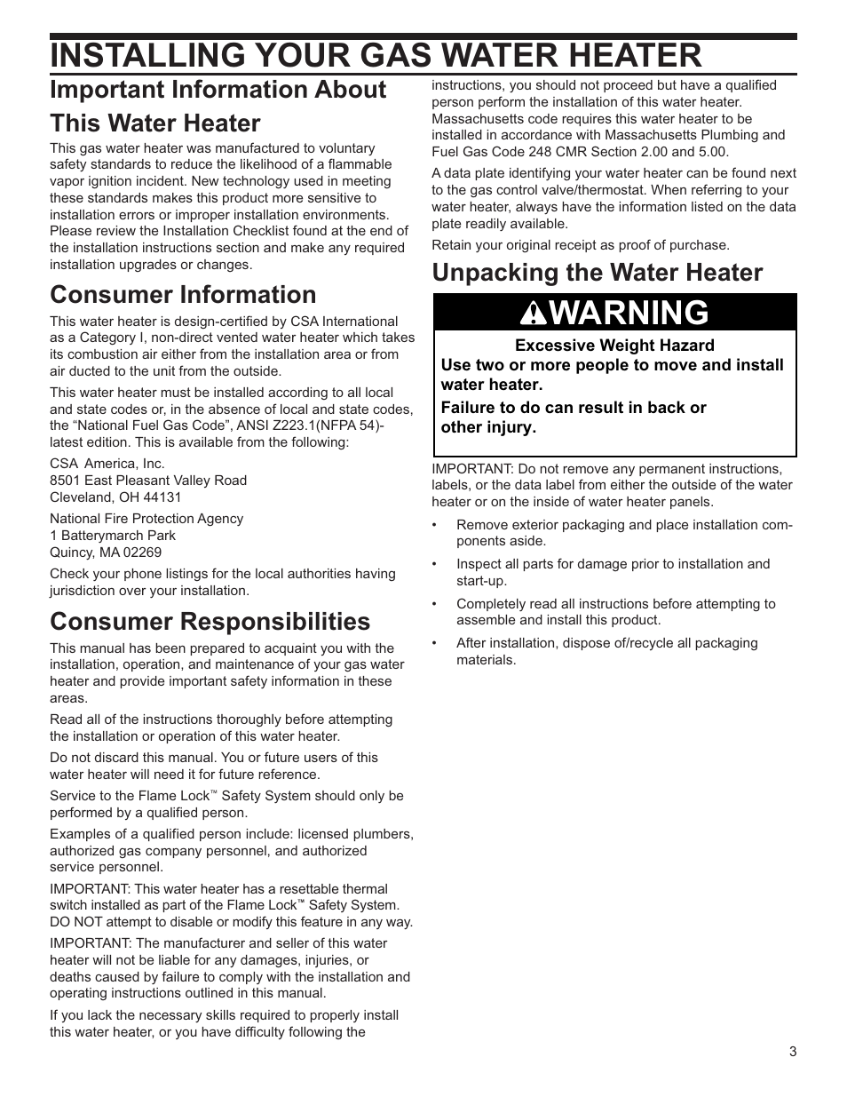 Installing your gas water heater, Warning, Important information about this water heater | Consumer information, Consumer responsibilities, Unpacking the water heater | Whirlpool Energy Smart W10100870 User Manual | Page 3 / 28