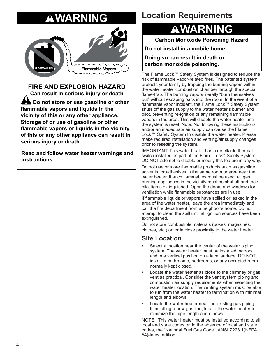 Warning, Location requirements | Whirlpool Energy Smart W10100870 User Manual | Page 4 / 28