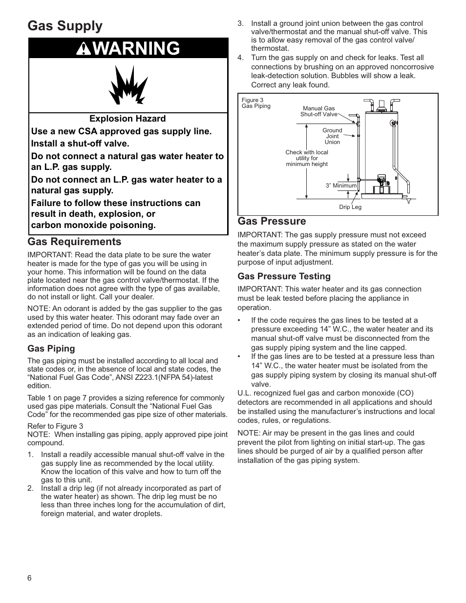 Warning, Gas supply, Gas requirements | Gas pressure | Whirlpool Energy Smart W10100870 User Manual | Page 6 / 28