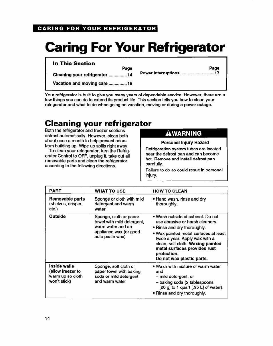 Caring for your refrigerator, Cleaning your refrigerator | Whirlpool ETZOZK User Manual | Page 14 / 22