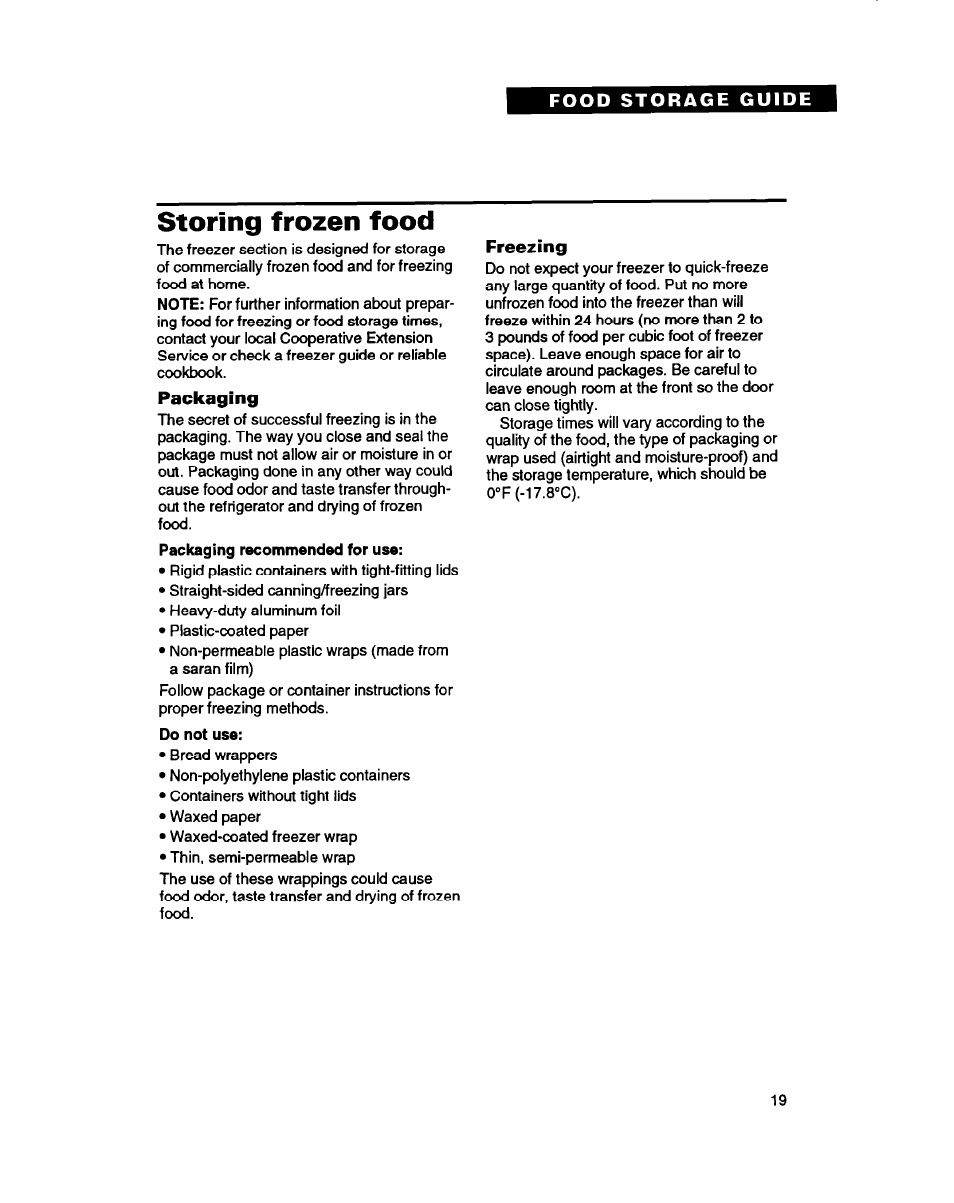 Storing frozen food, Packaging, Do not use | Freezing | Whirlpool ETZOZK User Manual | Page 19 / 22