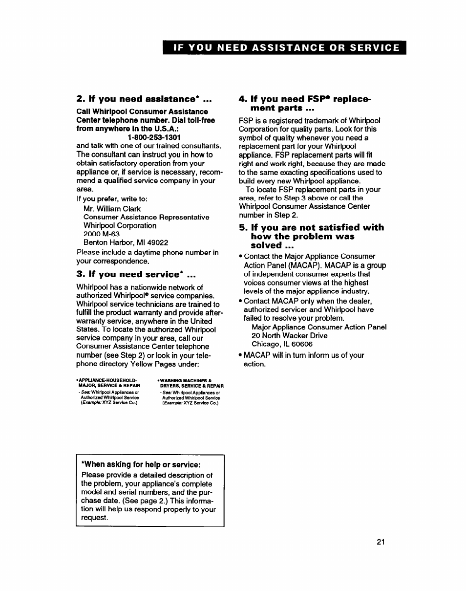 If you need assistance, If you need service, If you need fsp* replacement parts | When asking for help or service, If you need fsp* replace­ ment parts | Whirlpool ETZOZK User Manual | Page 21 / 22