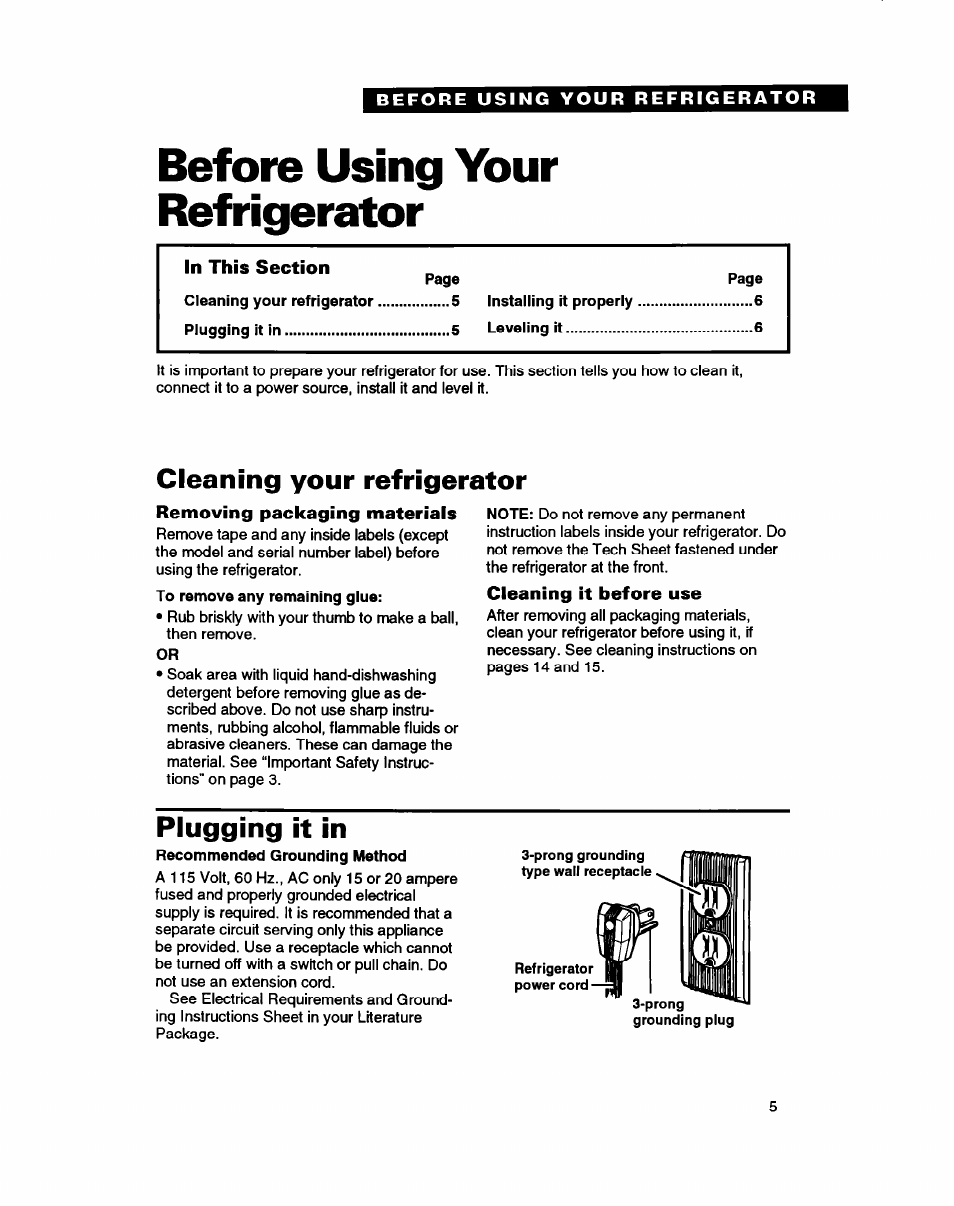 Before using your refrigerator, Cleaning your refrigerator, Removing packaging materials | Cleaning it before use, Plugging it in | Whirlpool ETZOZK User Manual | Page 5 / 22