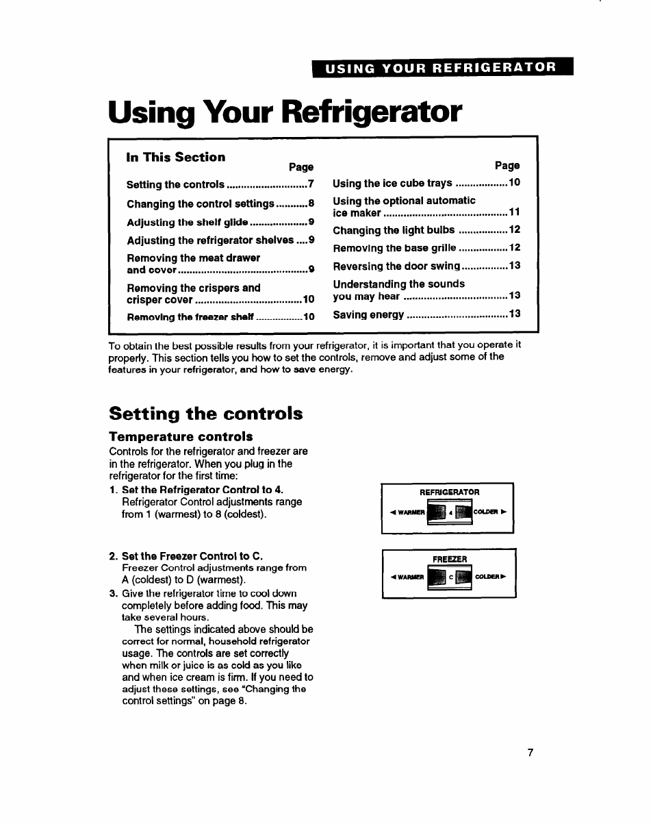 Using your refrigerator, In this section, Setting the controls | Temperature controls | Whirlpool ETZOZK User Manual | Page 7 / 22
