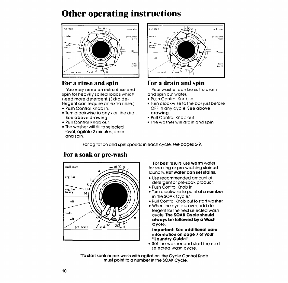 Other operating instructions, For a rinse and spin, For a drain and spin | For a soak or pre-wash | Whirlpool LA57lOXP User Manual | Page 10 / 16