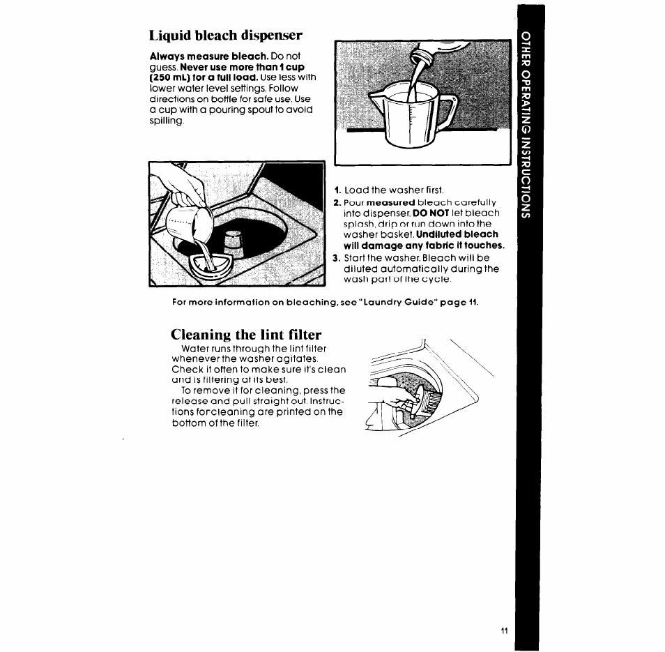 Liquid bleach dispenser, Cleaning the lint filter | Whirlpool LA57lOXP User Manual | Page 11 / 16