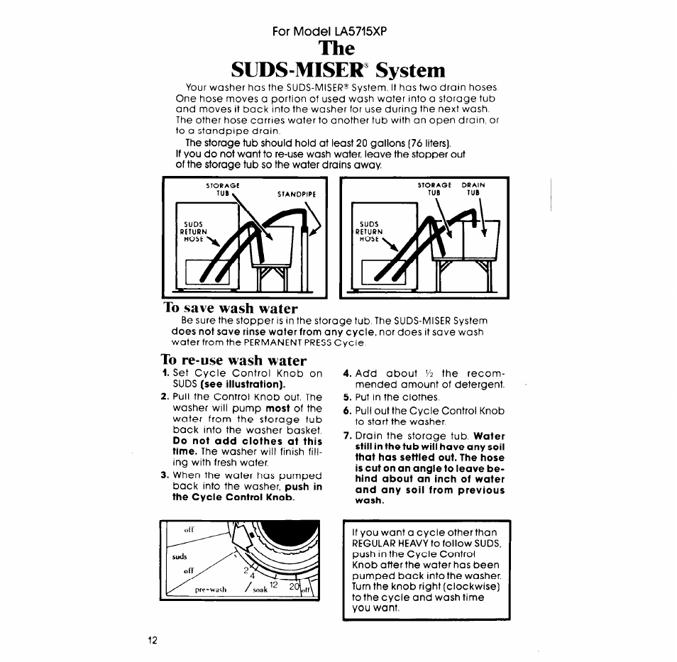 Suds-miser® system, To save wash water, To re-use wash water | The suds-miser® system | Whirlpool LA57lOXP User Manual | Page 12 / 16