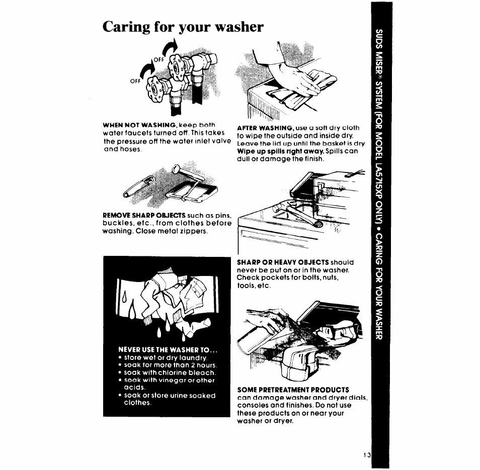 Caring for your washer | Whirlpool LA57lOXP User Manual | Page 13 / 16