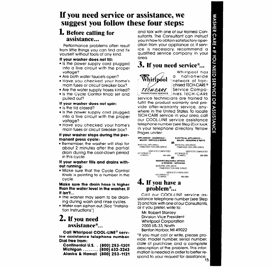 2« if you need assistance, If you need service, If you have a problem | L before calling for assistance | Whirlpool LA57lOXP User Manual | Page 15 / 16