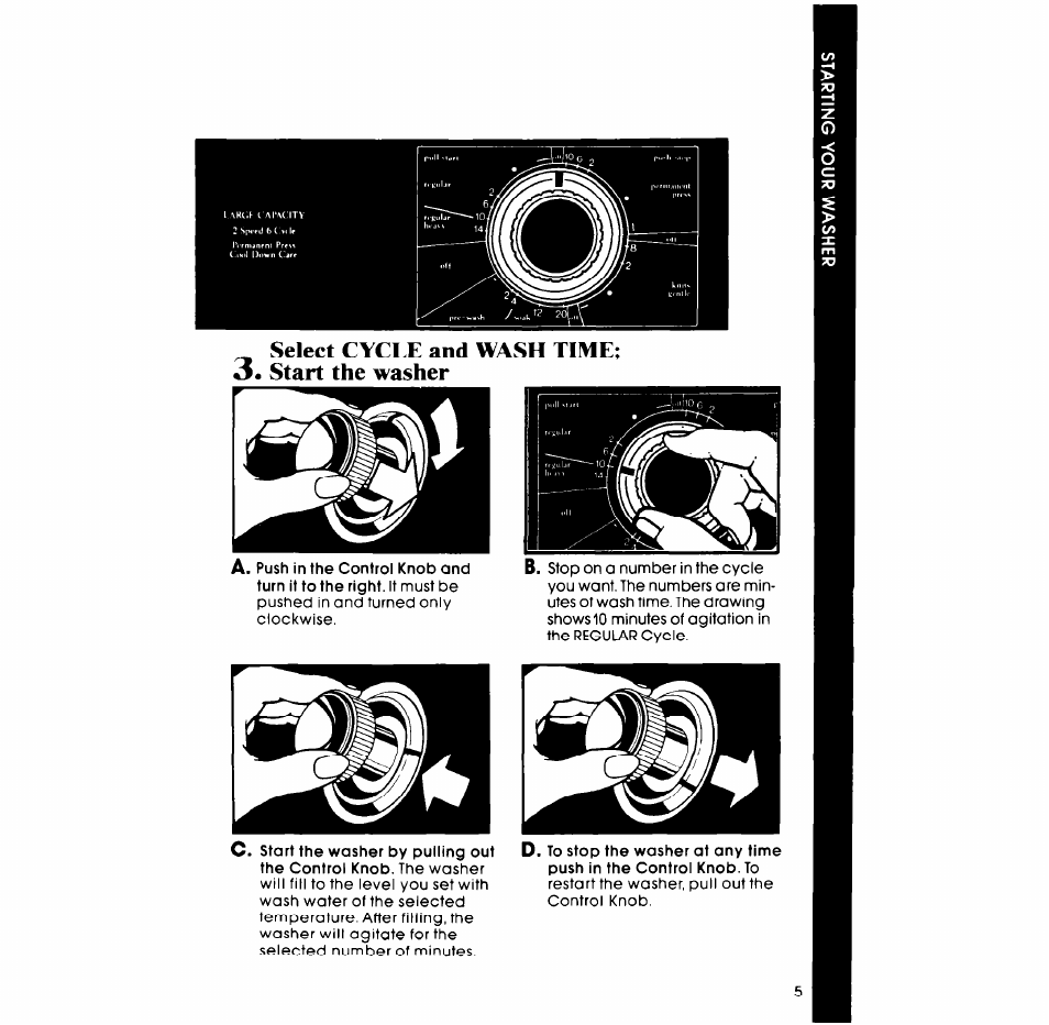 Select cycle and wash time, Start the washer, Select cycle and wash time; 3. start the washer | Whirlpool LA57lOXP User Manual | Page 5 / 16