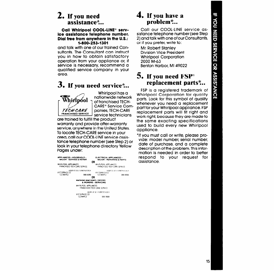 2« if you need assistance, If you need service, If you have a problem | 5* if you need fsp® replacement parts, If you need assistance, If you need fsp® replacement parts | Whirlpool LA5578XS User Manual | Page 15 / 16