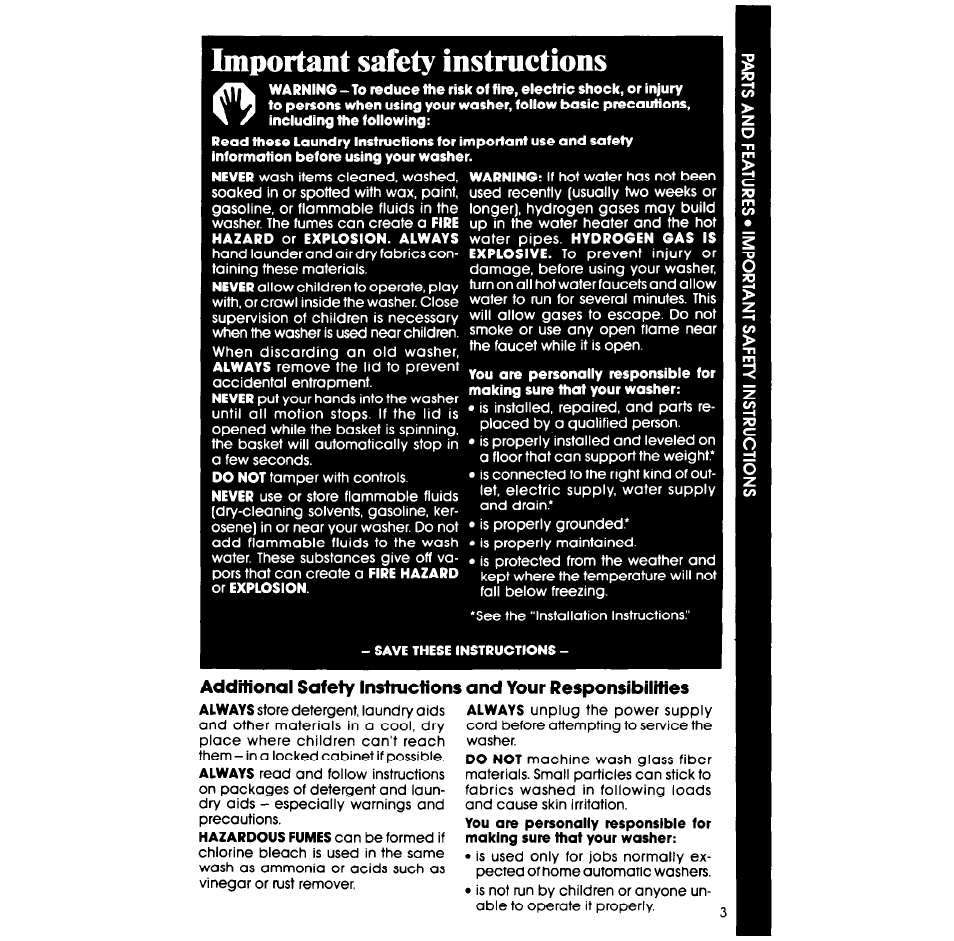 Important safety instructions, Additional safety instructions, And your responsibilities | Whirlpool LA5578XS User Manual | Page 3 / 16