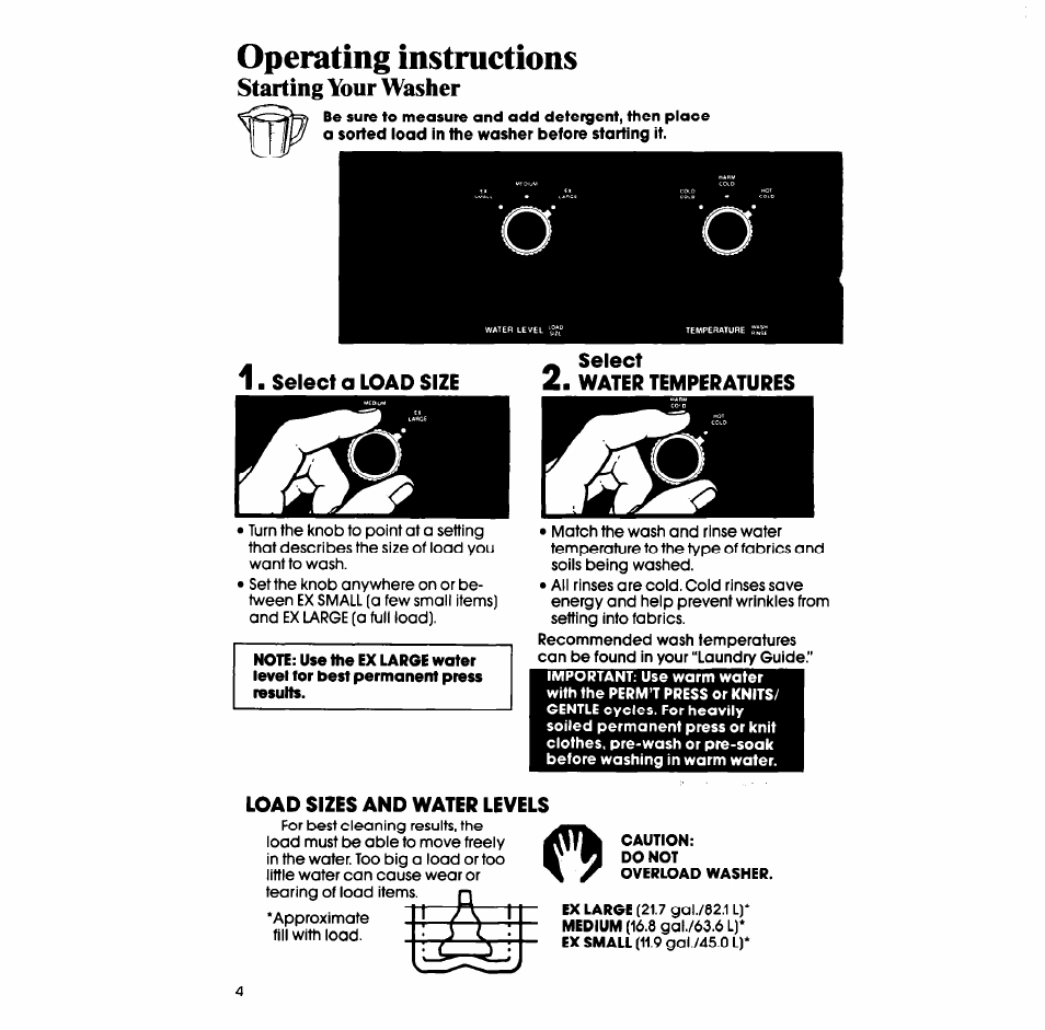 Operating instructions, Starting your washer, Select | Water temperatures, Load sizes and water levels | Whirlpool LA5578XS User Manual | Page 4 / 16