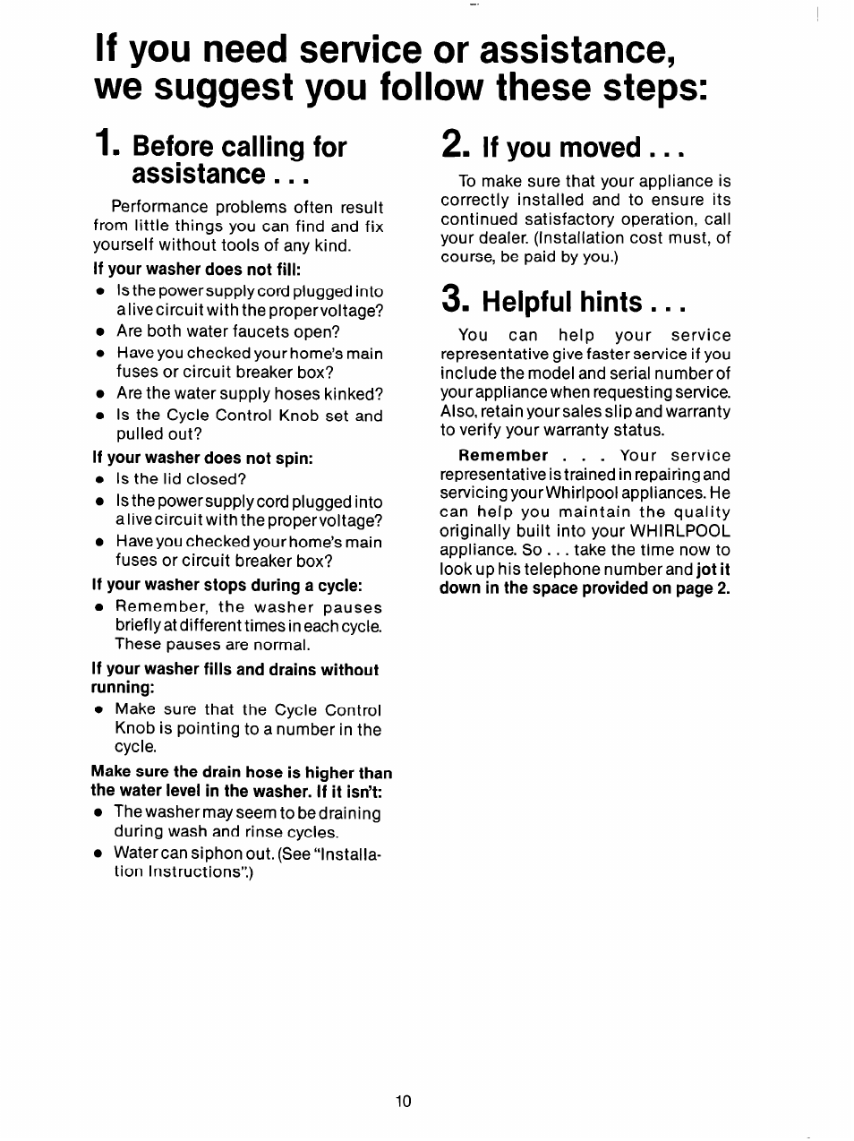 Before calling for assistance, If you moved, Helpful hints | Whirlpool 3LA5801XX User Manual | Page 10 / 24