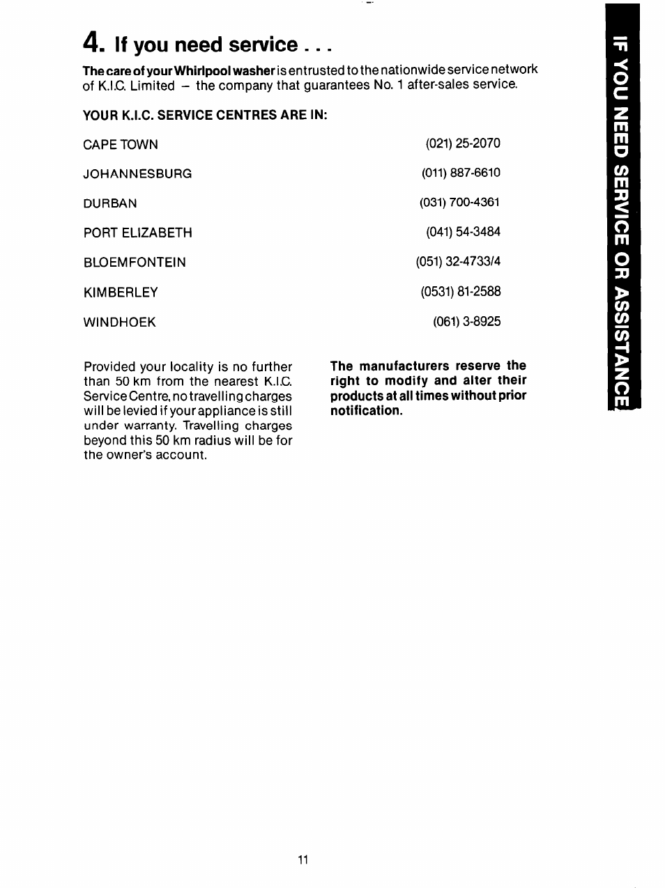 If you need senrice | Whirlpool 3LA5801XX User Manual | Page 11 / 24
