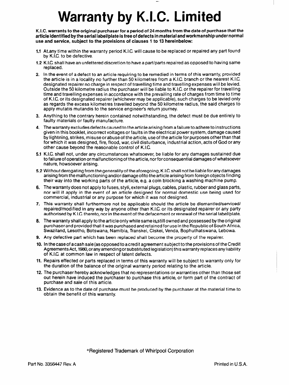 Warranty by k.i.c. limited | Whirlpool 3LA5801XX User Manual | Page 12 / 24