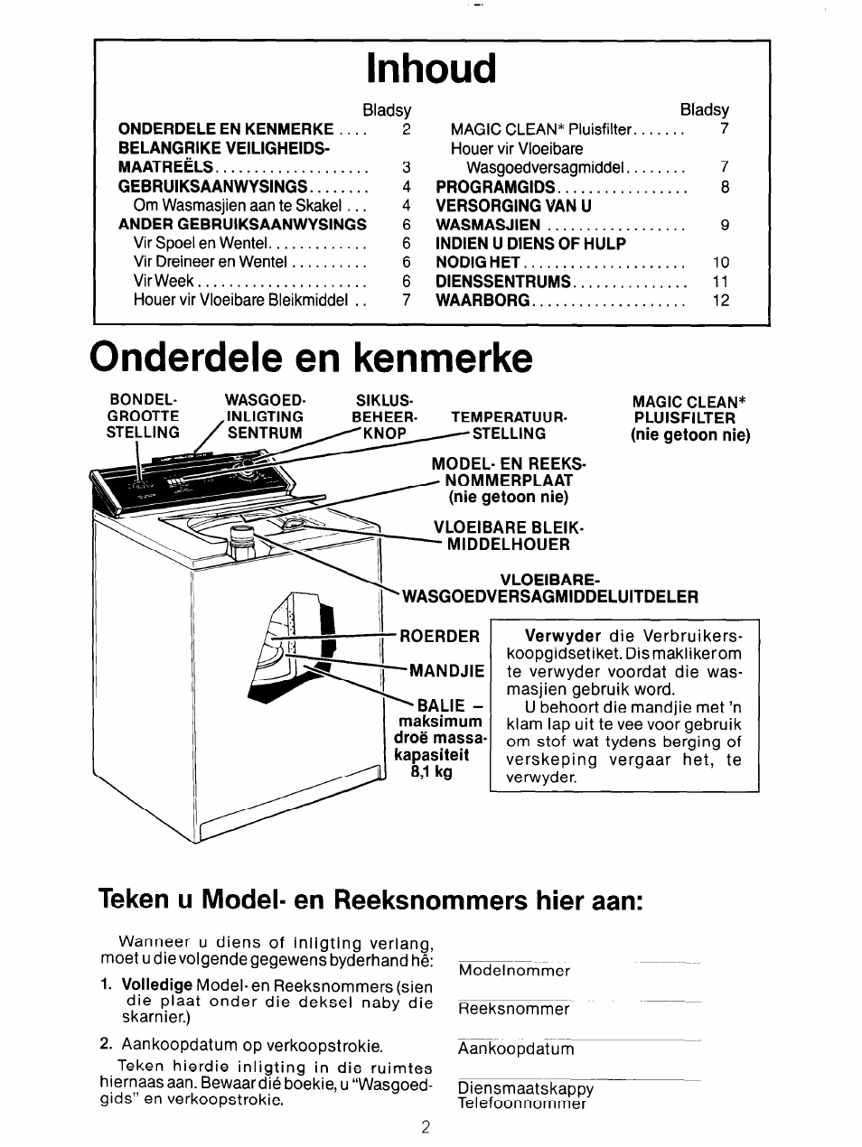 Onderdele en kenmerke, Temperatuur- stelling, Vloeibare | Wasgoedversagmiddeluitdeler, Teken u model- en reeksnommers hier aan, Inhoud | Whirlpool 3LA5801XX User Manual | Page 14 / 24