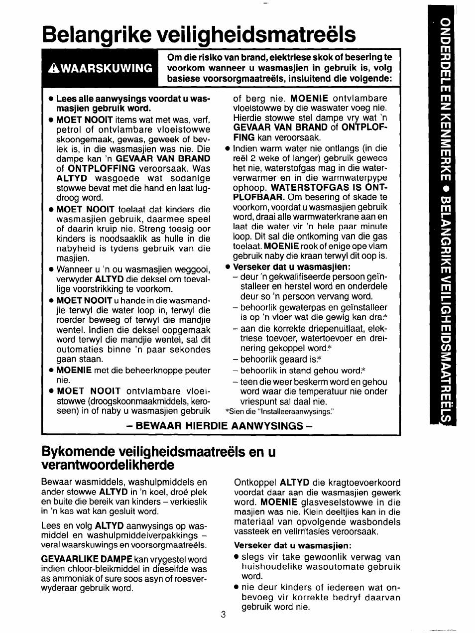 Belangrike veiligheidsmatreèls, Bewaar hierdie aanwysings | Whirlpool 3LA5801XX User Manual | Page 15 / 24